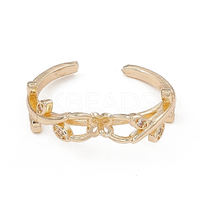 Branch Leaf Rack Plating Brass with Clear Cubic Zirconia Open Cuff Ring Settings KK-G455-12G-1