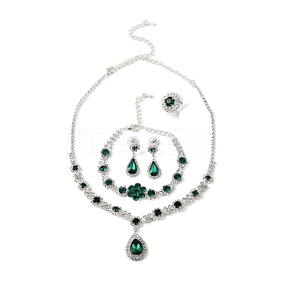 Teardrop Alloy Rhinestone Bracelets & Stud Earrings & Necklaces & Rings Set for Women SJEW-M102-02S-01-1
