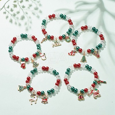 Acrylic Pearl Beaded Stretch Bracelet with Alloy Enamel Charms BJEW-JB08292-1