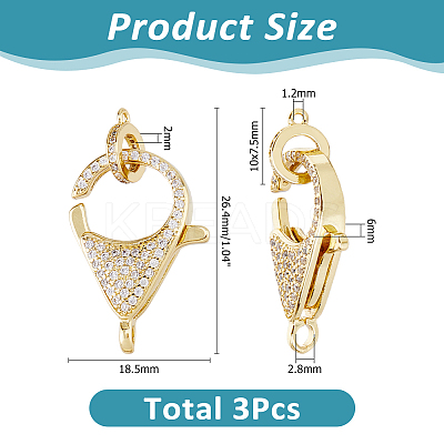 3Pcs Brass Micro Pave Clear Cubic Zirconia Lobster Claw Clasp ZIRC-HS0001-21-1