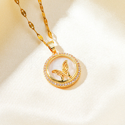 Brass Clear Cubic Zirconia Flat Round Butterfly Pendant Dapped Chain Necklaces for Women LS-WA9125-1