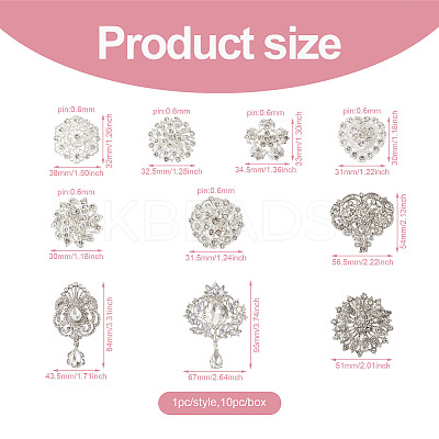 10Pcs 10 Styles Flower & Heart & Teardrop Crystal Rhinestone Brooches Set JEWB-BY0001-04-1