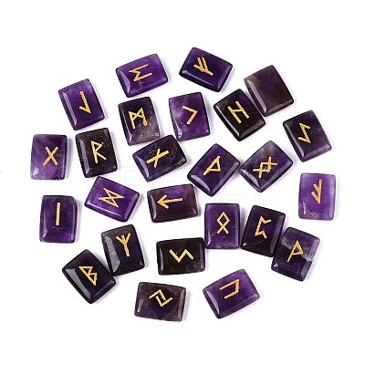 25Pcs Rectangle Natural Amethyst Rune Stones with Elder Futhark Alphabet Engraved G-T142-33-1