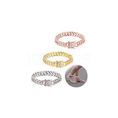 3Pcs 3 Colors Zinc Alloy Crystal Rhinestone Cuban Link Chain Anklets BJEW-GA0001-13-1