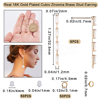 6Pcs Brass Pave Clear Cubic Zirconia Rectangle Tassel Stud Earring Findings DIY-CN0002-77-1