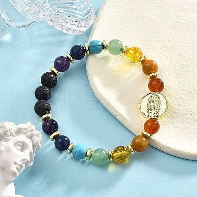 Dyed Natural & Synthetic Mixed Gemstone & Brass Virgin Mary Beaded Stretch Bracelet BJEW-JB09321-1