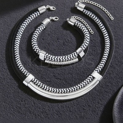 Alloy Polyester Black White Necklace & Bracelet Set FS-WG59022-02-1