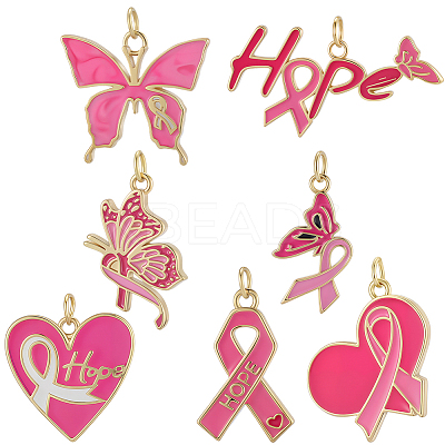 7Pcs 7 Styles October Breast Cancer Pink Awareness Ribbon Brass Enamel Pendants KK-BBC0020-36-1