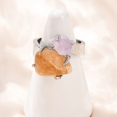 Nuggets Natural Amethyst & Yellow Quartz Open Cuff Rings RJEW-K286-12P-01-1