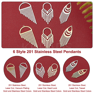 12Pcs 6 Style 201 Stainless Steel Pendants STAS-DC0006-55-1