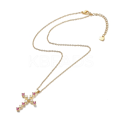 Fuchsia Cubic Zirconia Cross Pendant Necklace NJEW-JN04084-1