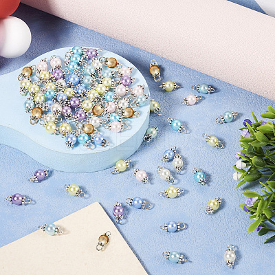 90Pcs 9 Colors Baking Paint Pearlized Glass Pearl Round Connector Charms PALLOY-TA0002-50-1