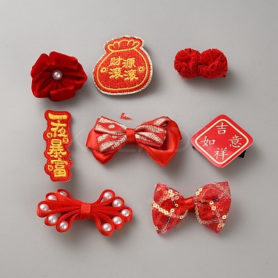 Chinese New Year Bowknot Flower Cloth Alligator Hair Clips Set AJEW-WH0609-065-1
