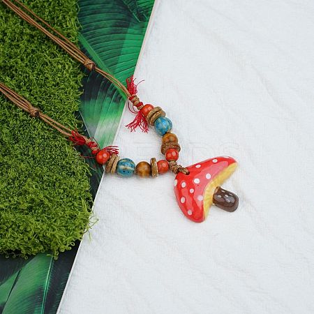 Mushroom Porcelain & Coconut Bead Pendant Necklaces NJEW-G182-01-1