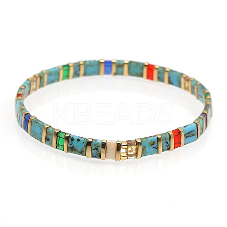 Bohemian Style Rainbow Tila Glass Bead Woven Stripe Bracelet for Women HA7493-3-1