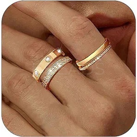 3Pcs 3 Styles Zinc Alloy Micro Pave Clear Cubic Zirconia Finger Rings FS-WG142C0-03-1