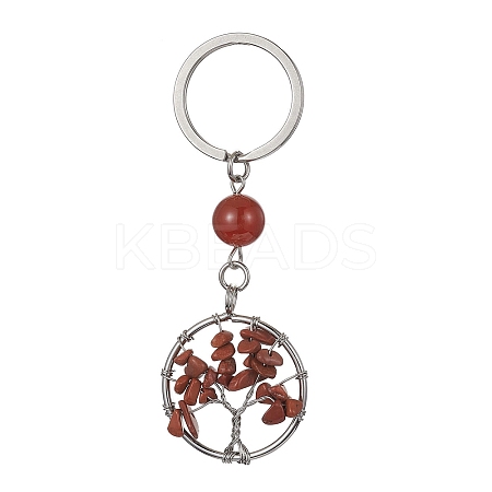 Natural Carnelian & Red Jasper Chips Flat Round with Tree of Life Kcychain KEYC-JKC00563-03-1