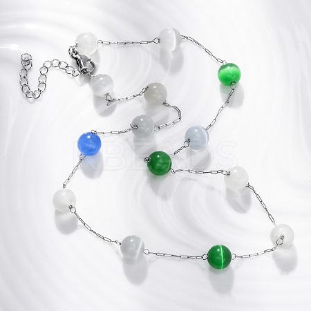 304 Stainless Steel Cat Eye Round Beads Handmade Chain Necklaces for Women NJEW-C073-01P-07-1