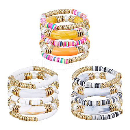 15Pcs 15 Style Ethnic Style Polymer Clay Heishi Surfer Stretch Bracelets Set BJEW-FI0001-41-1