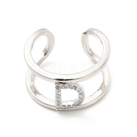Clear Cubic Zirconia Initial Letter Open Cuff Ring RJEW-A012-01P-D-1