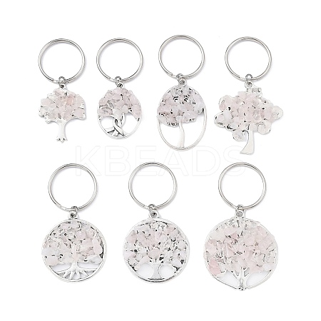 Natural Rose Quartz Chip & Alloy Tree of Life Pendant Keychain KEYC-JKC00648-05-1