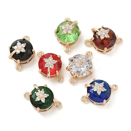 Brass Pave Faceted Glass Flat Round Connector Charms KK-G517-09G-1