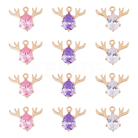 12Pcs 3 Colors Brass Glass Rhinestone Pendants GLAA-FH0001-82-1