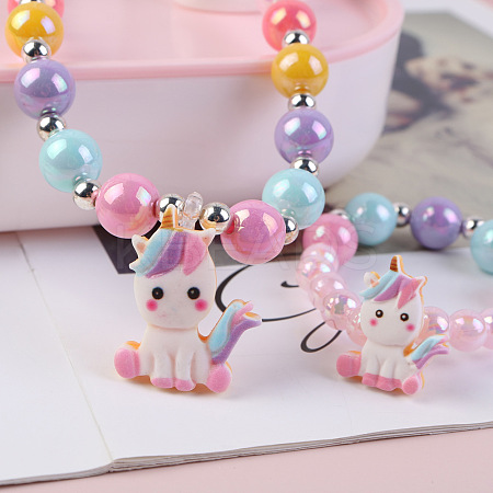 Cute Unicorn Alloy Plastic Children's Beaded Necklace & Bracelet Jewelry Sets for Girl's FS-WGF4311-01-1