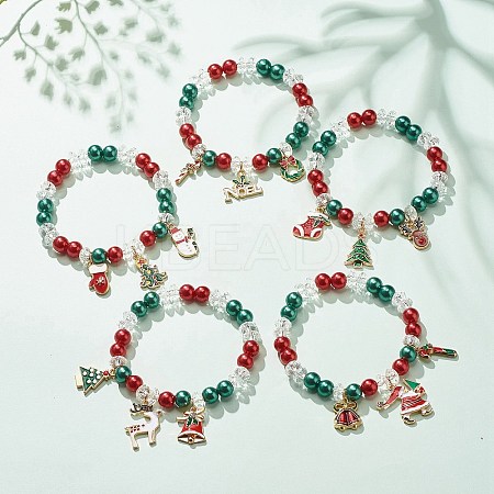 Acrylic Pearl Beaded Stretch Bracelet with Alloy Enamel Charms BJEW-JB08292-1
