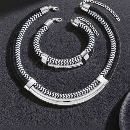 Alloy Polyester Black White Necklace & Bracelet Set FS-WG59022-02-1