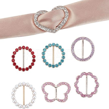 7Pcs Flower & Flat Round & Butterfly & Heart Alloy Rhinestone Buckles JEWB-NB0001-11-1