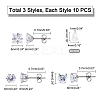 15 Pairs 3 Styles Cubic Zirconia Ear Studs STAS-UN0022-47-4