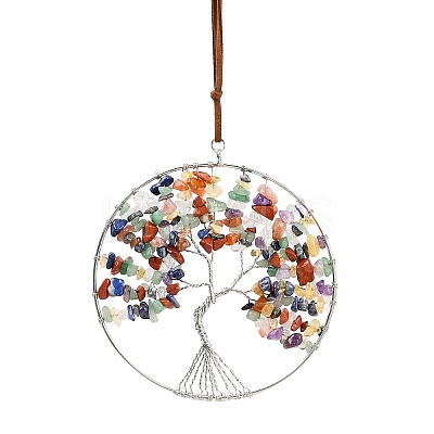 Brass & Chakra Natural Gemstone Chips Pendant Decorations HJEW-Z007-03P-1