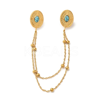 304 Stainless Steel Pave Dyed Synthetic Turquoise Hanging Chain Brooch JEWB-S021-04G-05-1
