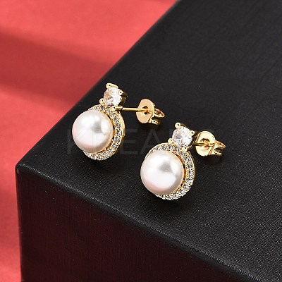 Round Brass Micro Pave Clear Cubic Zirconia Stud Earrings EJEW-A135-26G-1
