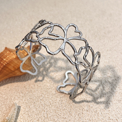 Hollow 304 Stainless Steel Cuff Bangles for Women BJEW-L709-03P-1