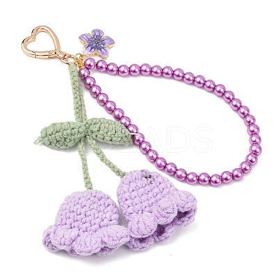 Handmade Cotton Yarn Crochet Lily of the Valley & Glass Pearl Round Bead Pendant Decorations HJEW-JM04389-01-1