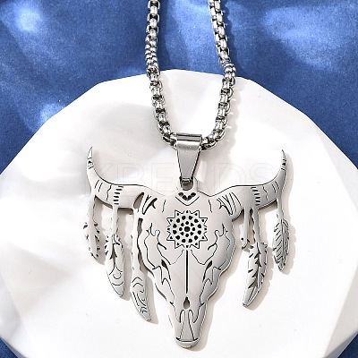 Punk Style 201 Stainless Steel Laser Cut Cattle Head Pendant Box Chain Necklaces for Women Men NJEW-E156-04P-1
