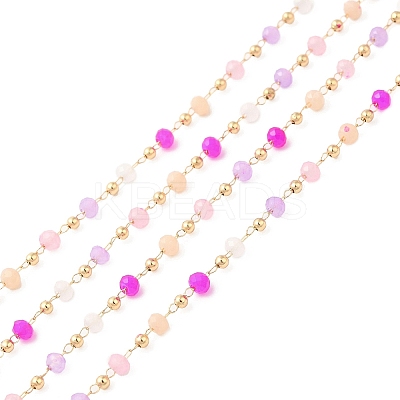 Faceted Rondelle Glass & Round 304 Stainless Steel Beaded Chains CHS-G026-01KCG-01-1
