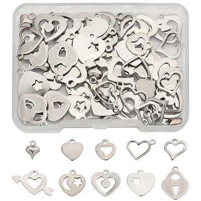 60Pcs 10 Styles 201 Stainless Steel Open Heart Charms STAS-FS0001-92-1