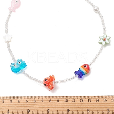 Summer Beach Handmade Lampwork Fish Octopus & Porcelain Flower & Star Natural Shell & Electroplate Glass Beaded Necklaces NJEW-TA00248-1