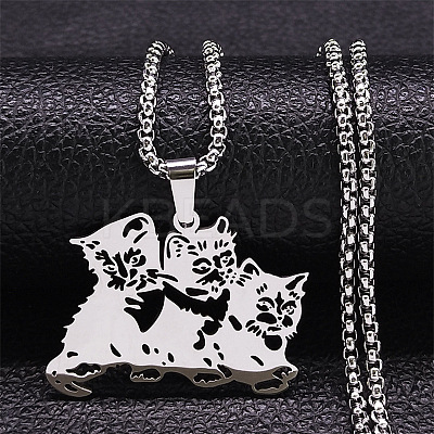 201 Stainless Steel Hollow Cute Cat Pendant Necklaces for Women LS-NJEW-K283-38P-1