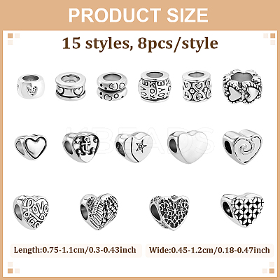 120Pcs 15 Styles Tibetan Style Alloy European Beads MPDL-ME0001-01-1