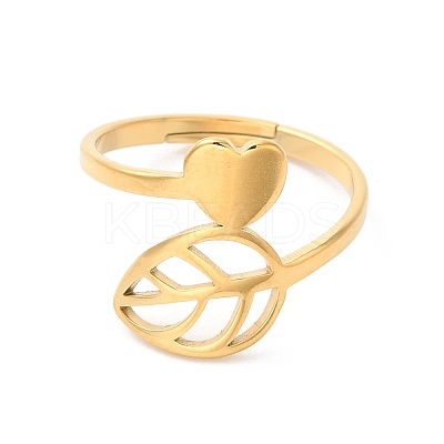 Ion Plating(IP) 304 Stainless Steel Heart & Leaf Adjustable Ring for Women RJEW-K245-35G-1