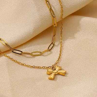 304 Stainless Steel Bowknot Pendant Necklaces NJEW-L182-001G-02-1