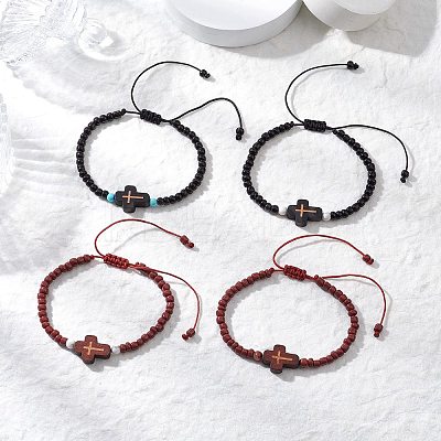 4Pcs Cross Glass Seed Beads with Natural Wood Beads & Red Jasper Beads & Magnesite Beads & Howlite Round Beads Braided Bead Bracelets for Women BJEW-JB11898-1
