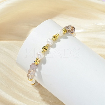 Round Natural Lodolite Quartz & Cultured Freshwater Pearl & Brass Beaded Stretch Bracelets for Women BJEW-JB14060-03-1