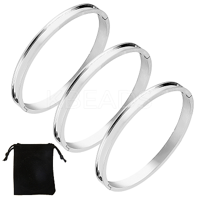 3Pcs Egg Shaped 201 Stainless Steel Grooved Hinged Bangles STAS-UN0048-68-1