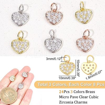 24Pcs 3 Colors Brass Micro Pave Clear Cubic Zirconia Charms KK-NB0001-41-1
