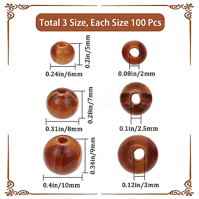 300Pcs 3 Styles Round Natural Wood Beads WOOD-GF0001-89A-1